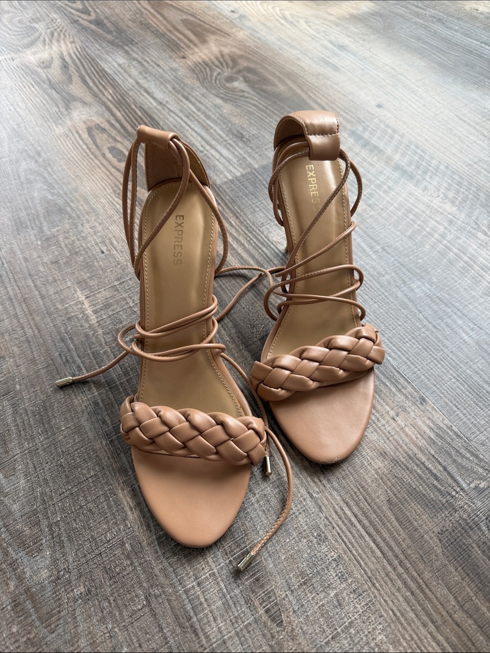 Express Women’s Braided Lace-Up Heeled Sandals in Tan